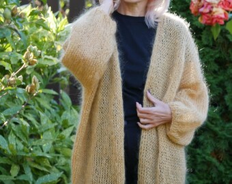 Hand Knit Mohair Cardigan: Loose Fit Sand Cover-Up