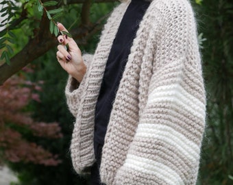 Hand Knitted Wool Cardigan: Beige Chunky Oversized Sweater