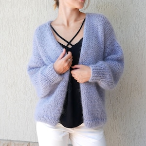 Hand Knit Mohair Cardigan: Gray Wool Wrap Sweater