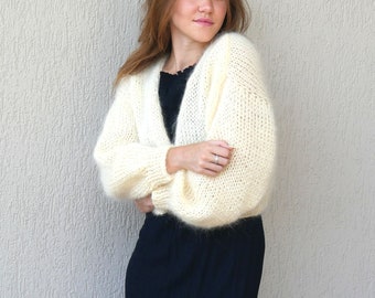 Cropped Cream Fluffy Mohair Cardigan, Wedding Open Front Cardigan, Loose Knit Fuzzy Sweater, Sweaters for women, XXL Plus Size Womens Cover