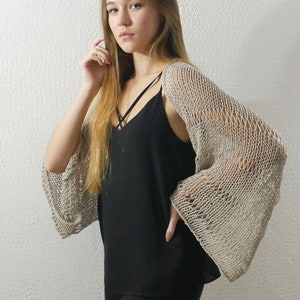 long sleeves cotton shrug, hand knitted shrug, white summer shrug, cotton shrug, boho hippie shrug, crop cardigan, loose knit