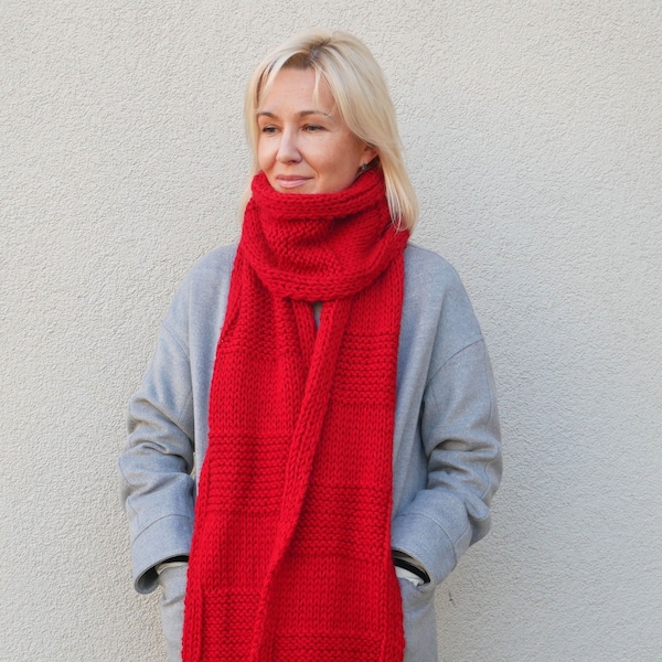 Red hand knit wool blend extra long scarf Warm Cozy scarf Gift for her Gift for him Teens gift boy girl Christmas gift