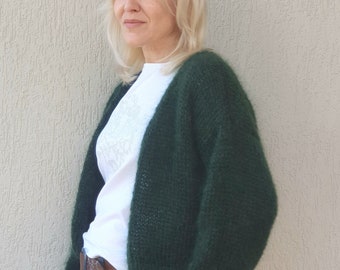 Grüne Smaragd Strickjacke Fluffy Mohair Bomber, Open Front Cardigan, Pullover für Frauen, Cape für Frauen, Oversized Cardigan