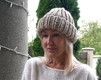 Gorro holgado de punto grueso hecho a mano - Mezcla de lana beige