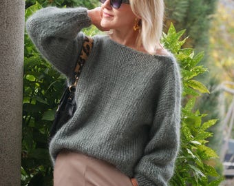 Handknit Fluffy Mohair Sweater: Loose Fit Willow Tree Pullover