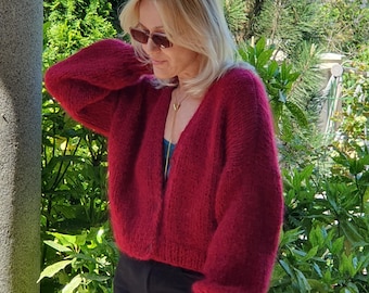 Vinous Red Mohair Knit Cardigan: Boxy Oversized Sweater