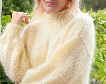 Hand Knit Mohair Sweater: Butter Yellow High Neck Pullover