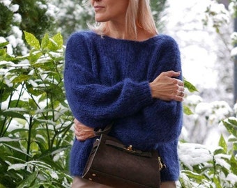 Hand Knit Mohair Blend Sweater: Navy Blue Fuzzy Pullover