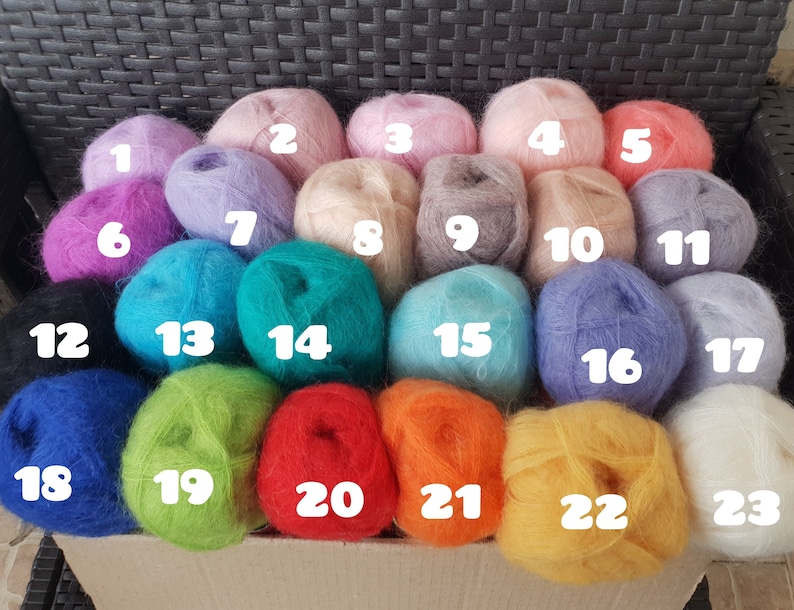 Op de afbeelding: Drie&euml;ntwintig bollen garen in verschillende kleuren, waaronder roze, blauw, groen, rood en wit. De bollen zijn genummerd van 1 tot en met 23.