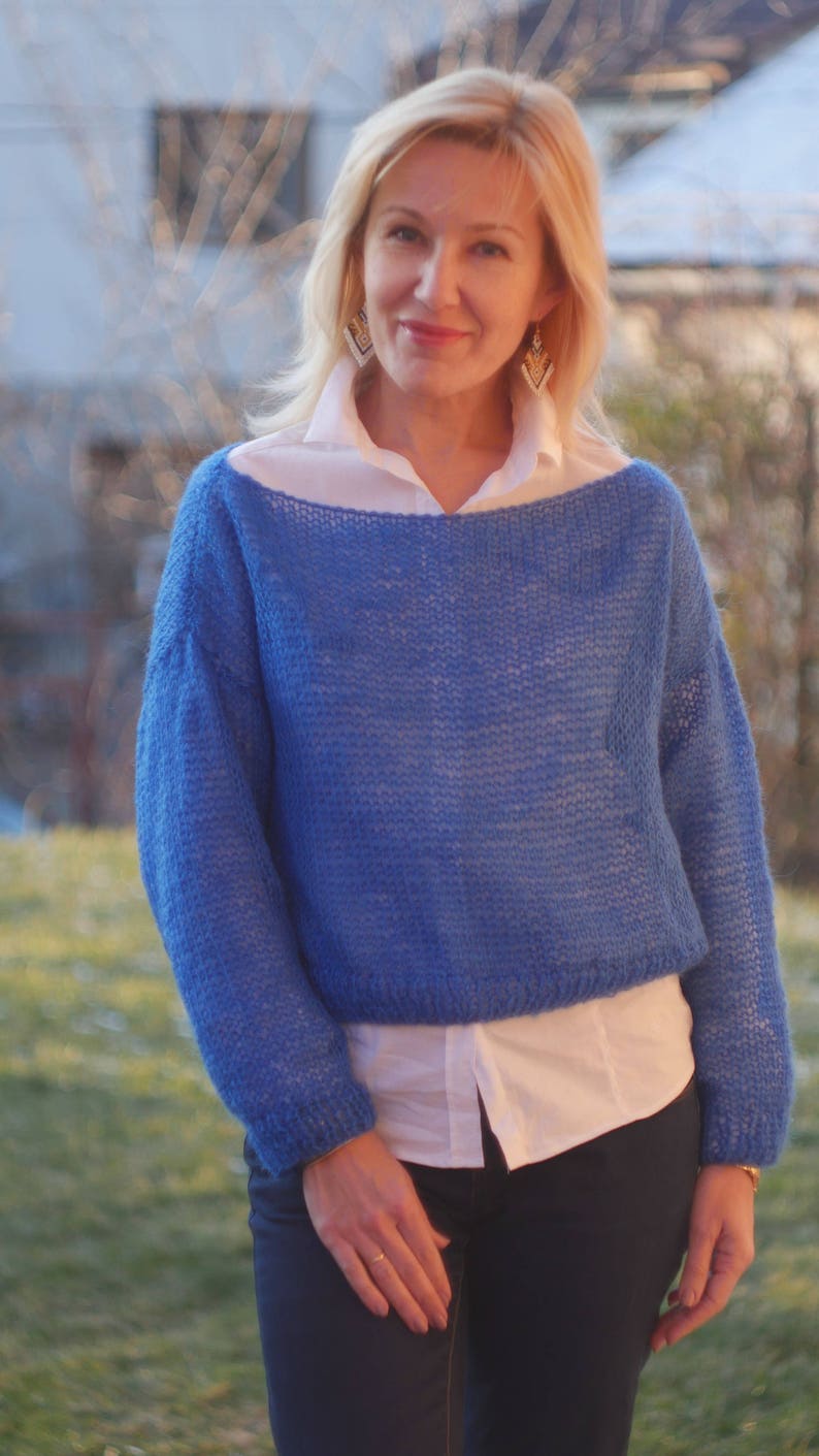 Blue Cropped Sweater Loose Knit Angora Sweater Boho Fashion Cropped sweater Spring sky blue sweater Electric blue