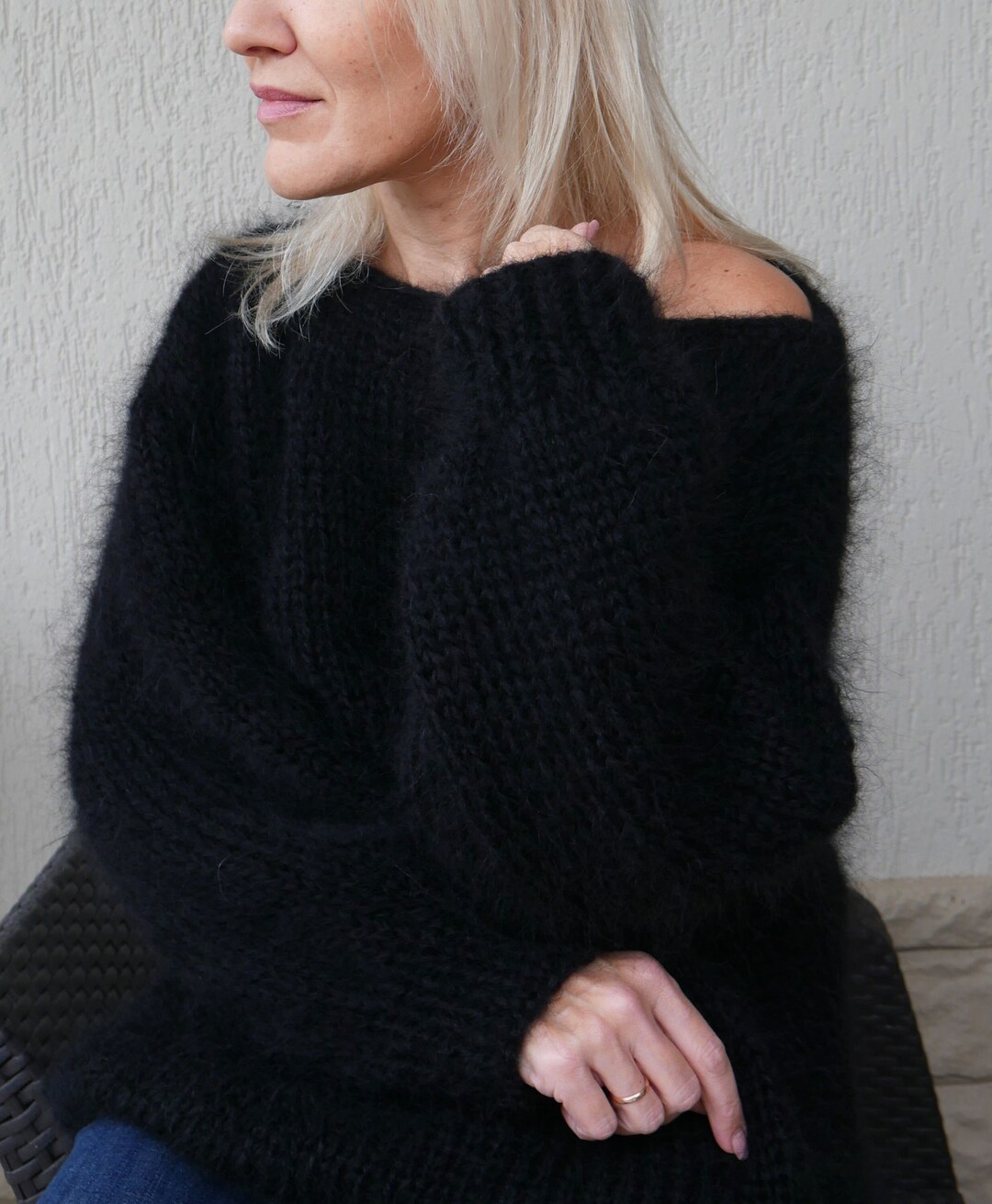 Hand Knit Black Mohair Sweater: Fuzzy Oversized Knitwear - Etsy Canada