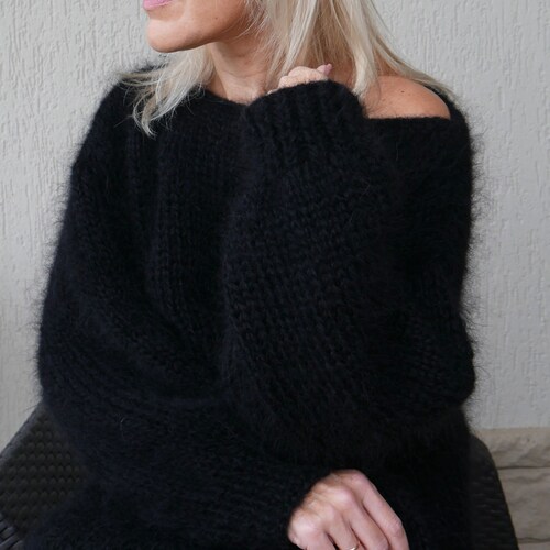 Hand Knit Black Mohair Sweater: Fuzzy Oversized Knitwear - Etsy