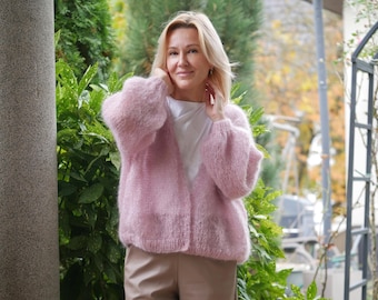 Mohair Cropped Cardigan: Rose Oversized Balloon Sleeve Knit Sweater