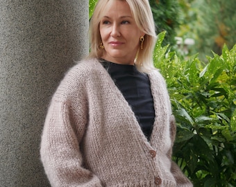 Fluffy Mohair Crop Cardigan With Buttons: Loose Knit Open Front Sweater