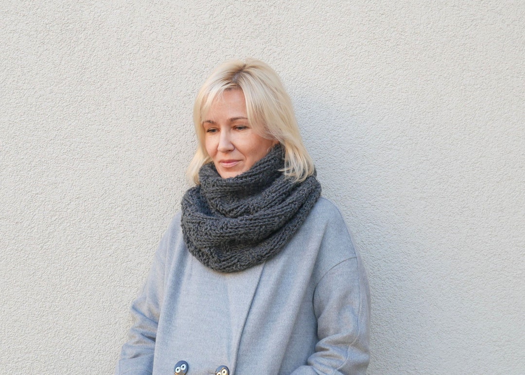 Charcoal Hand Knit Wool Blend Infinity Scarf - Etsy