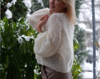 Mohair Cropped Cardigan With Buttons: White Oversized Balloon Sleeve Knit Sweater