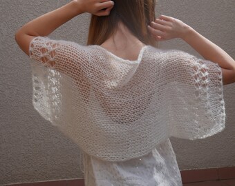 white mohair shrug, hand knitted shrug, mohair sweater for women,  summer shrug, wedding bolero, wedding shrug, boho hippie shrug