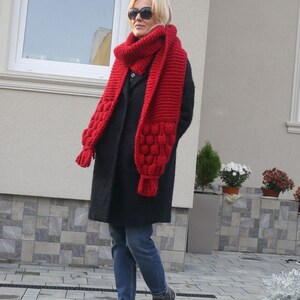 Oversized scarf Luxurious extra long hand knitted scarf Shoulder wrap Neck warmer puff pom pom scarf Red Extra long scarf Christmas gift image 3