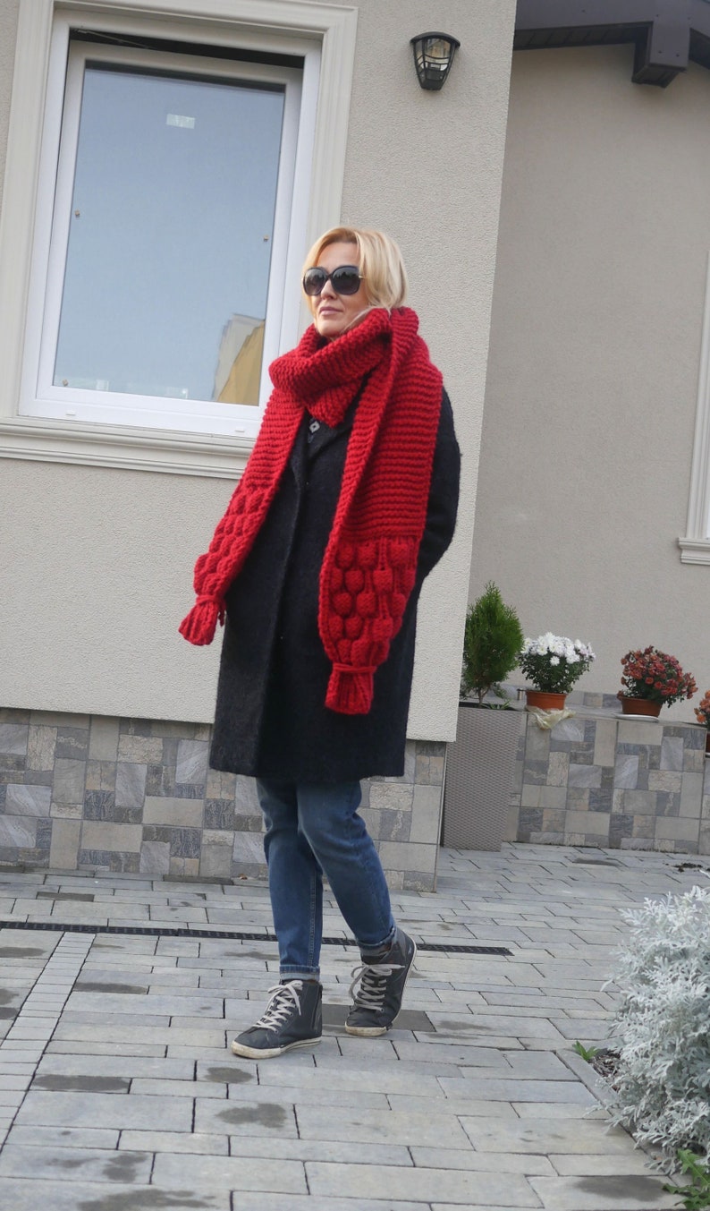 Oversized scarf Luxurious extra long hand knitted scarf Shoulder wrap Neck warmer puff pom pom scarf Red Extra long scarf Christmas gift image 3