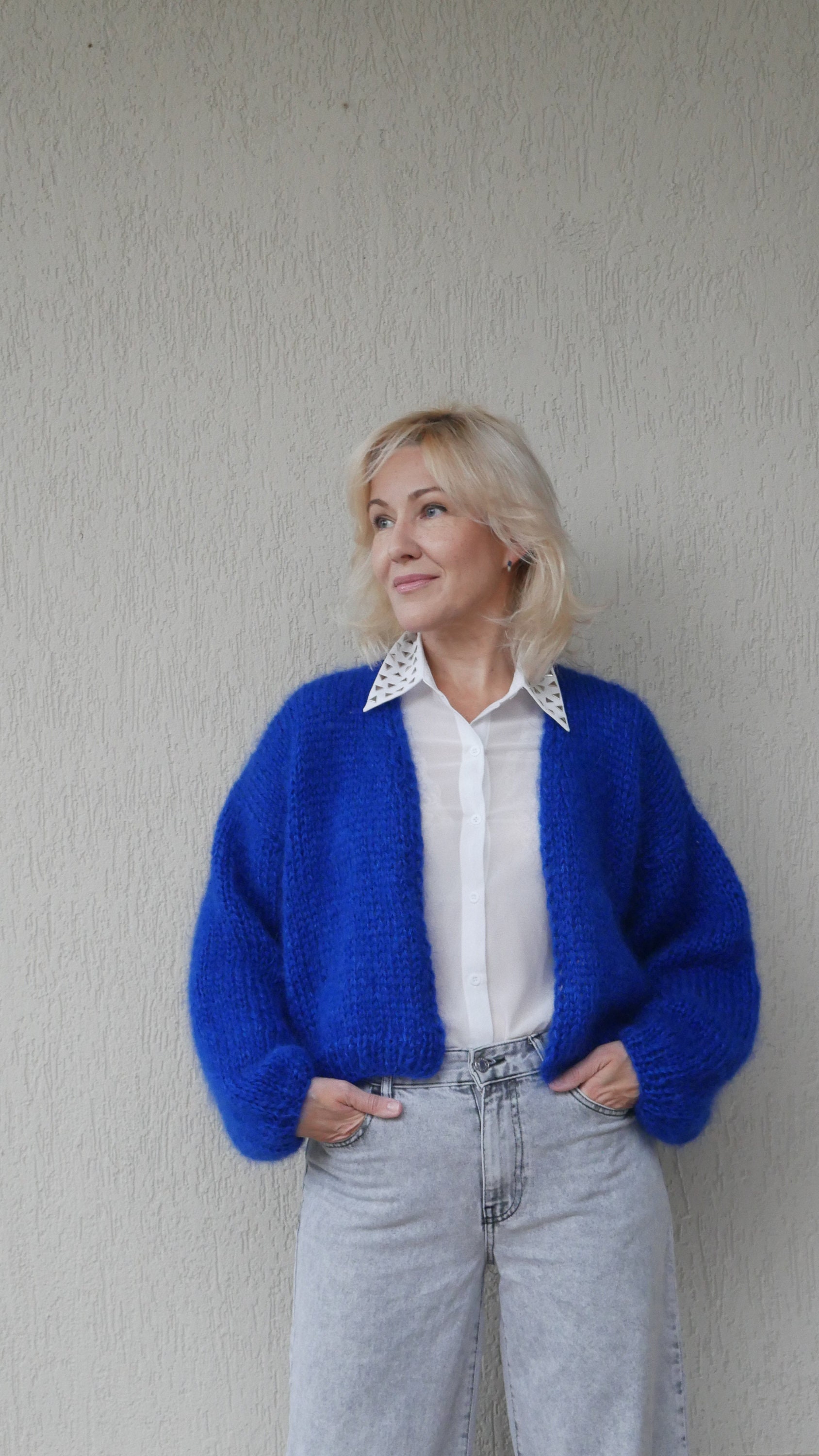 Electric Blue Mohair Knit Cardigan: Fluffy Bomber Sweater - Etsy