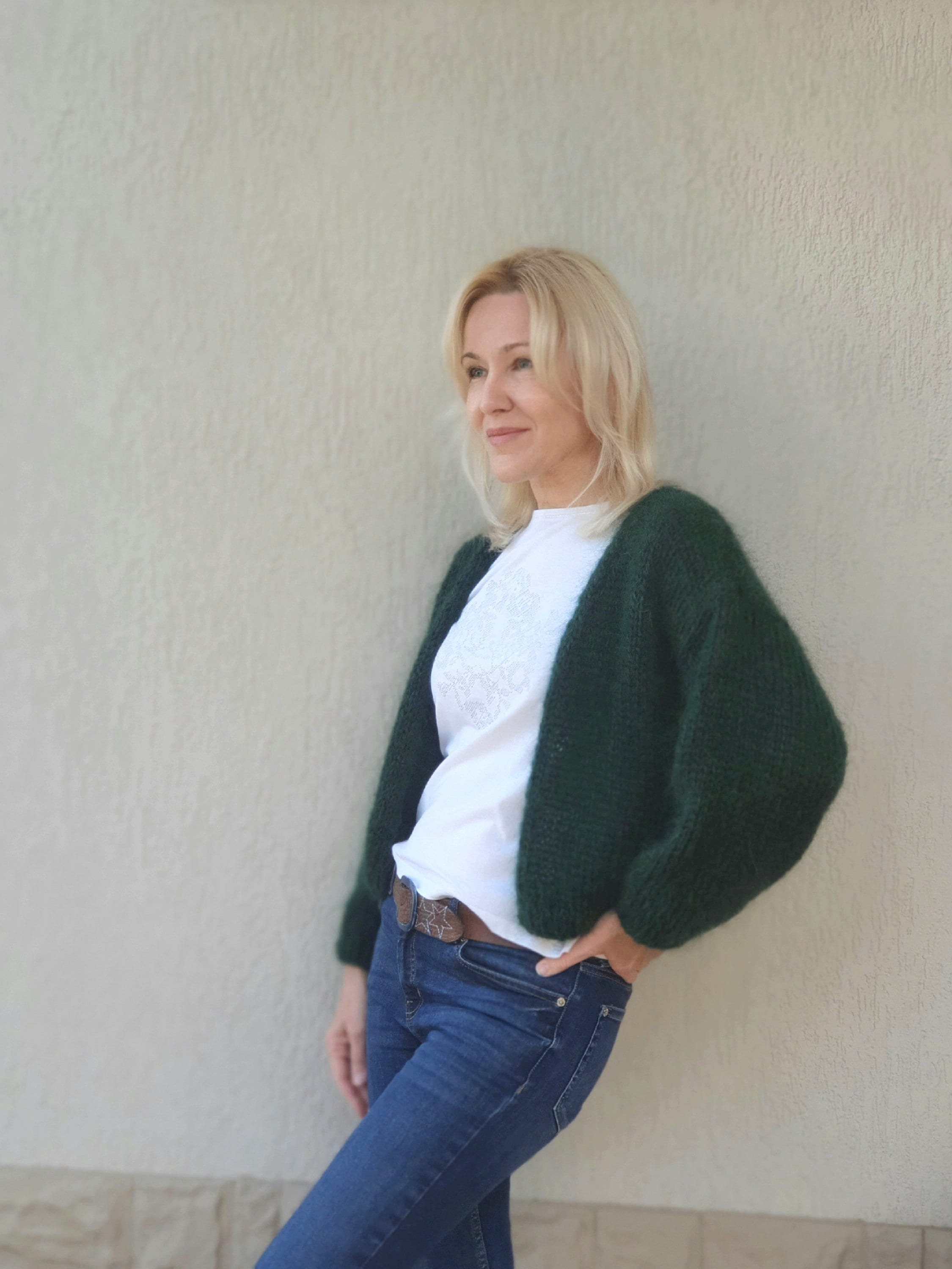 Emerald Green Mohair Cardigan: Fluffy Knit Bomber, Open Front - Etsy