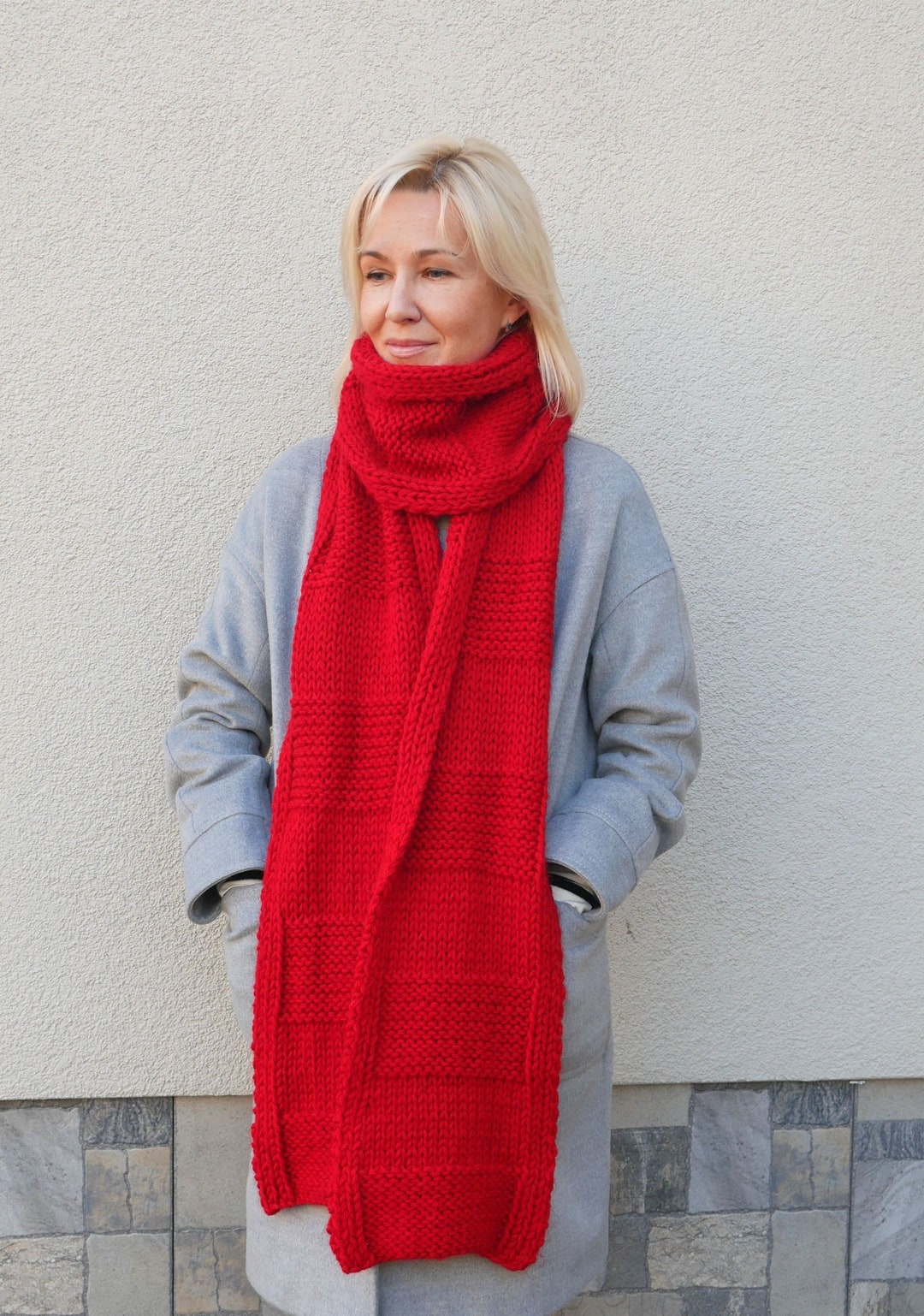 Red Hand Knit Wool Blend Scarf: Extra Long Cozy Winter Scarf - Etsy