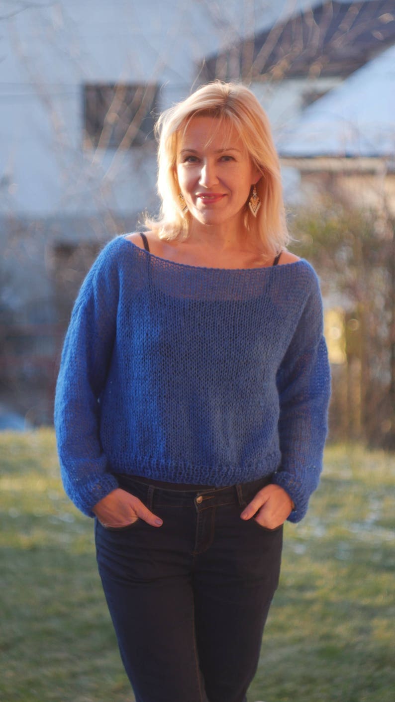 Blue Cropped Sweater Loose Knit Angora Sweater Boho Fashion Cropped sweater Spring sky blue sweater Electric blue