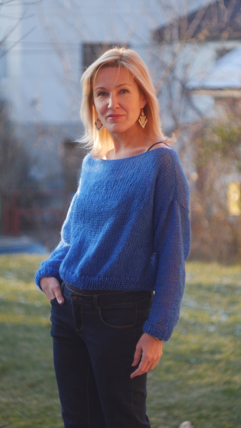 Blue Cropped Sweater Loose Knit Angora Sweater Boho Fashion Cropped sweater Spring sky blue sweater Electric blue
