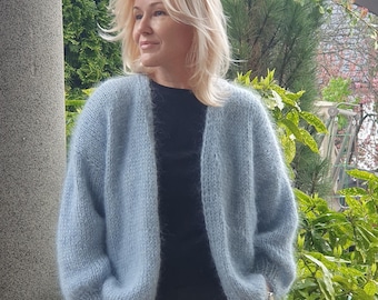 Hand Knit Mohair Cardigan: Fuzzy Wool Wrap Sweater