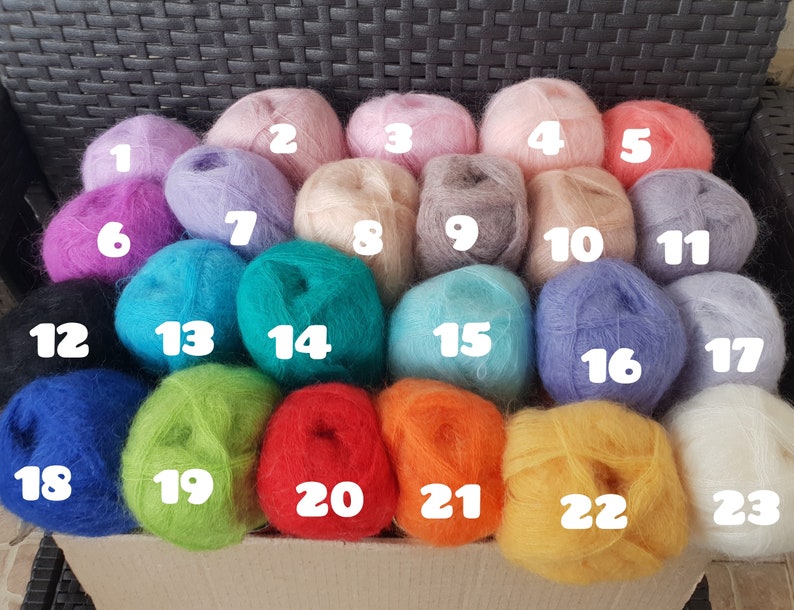 May include: Twenty-three balls of yarn in various colors, numbered 1 through 23. The yarn is soft and fluffy, and the colors are bright and vibrant.