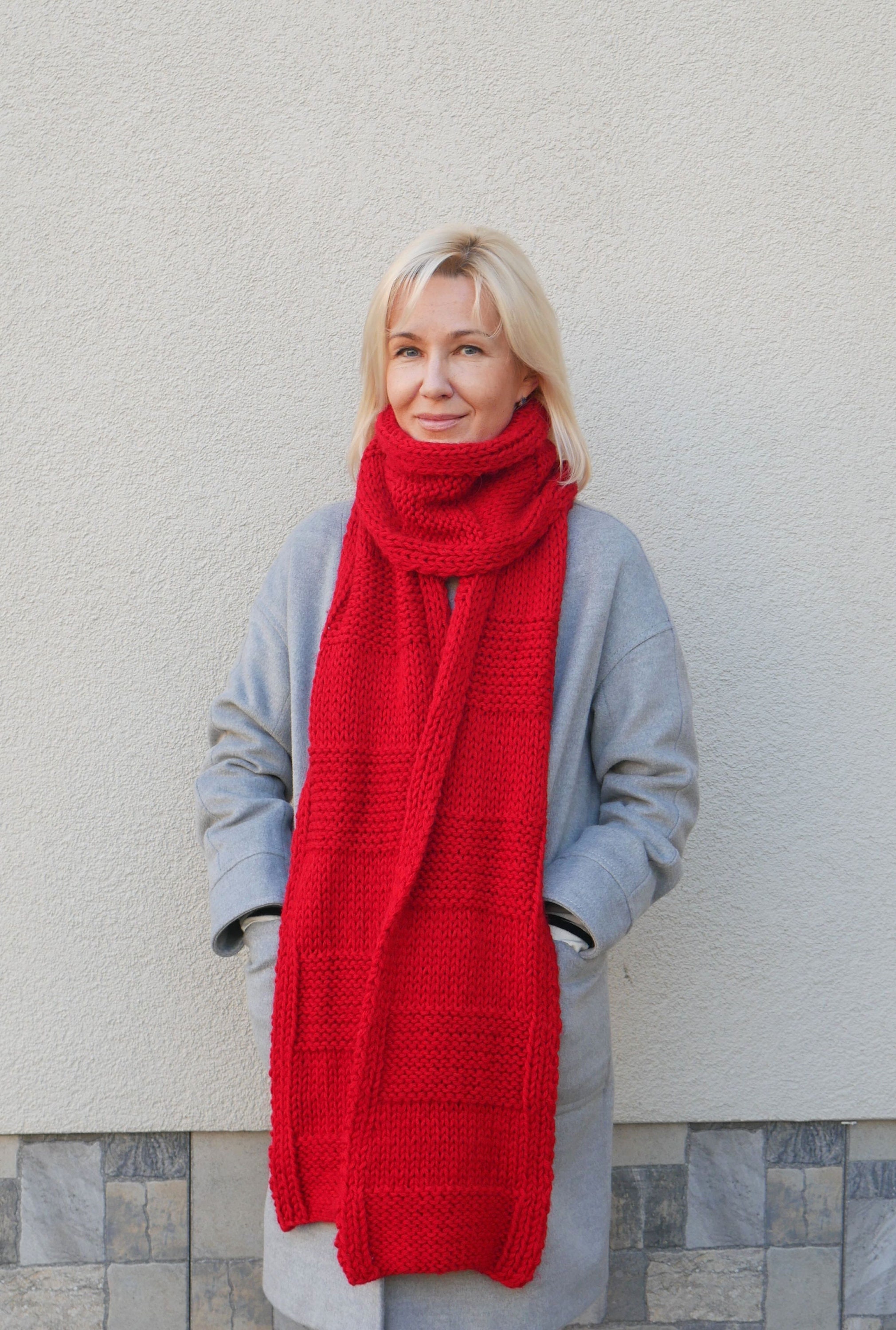 Red Hand Knit Wool Blend Scarf: Extra Long Cozy Winter Scarf - Etsy