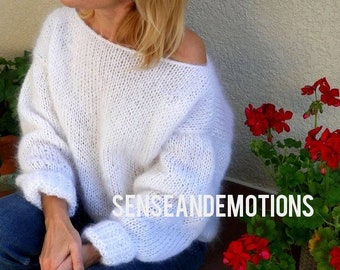 Fluffy White Mohair Sweater, Loose Fit Sweater, Hand Knit Sweater, Fall Sweaters for women, Fuzzy Sweater, Jumper Bohemian soft sweater