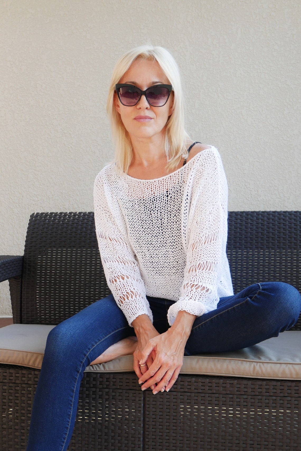 White Cotton Knit Sweater off Shoulder Top Summer Cotton Etsy