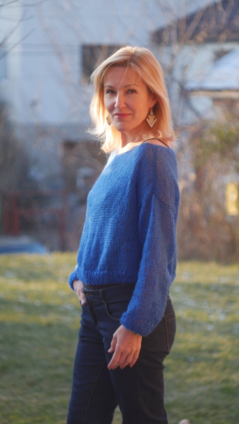 Blue Cropped Sweater Loose Knit Angora Sweater Boho Fashion Cropped sweater Spring sky blue sweater Electric blue