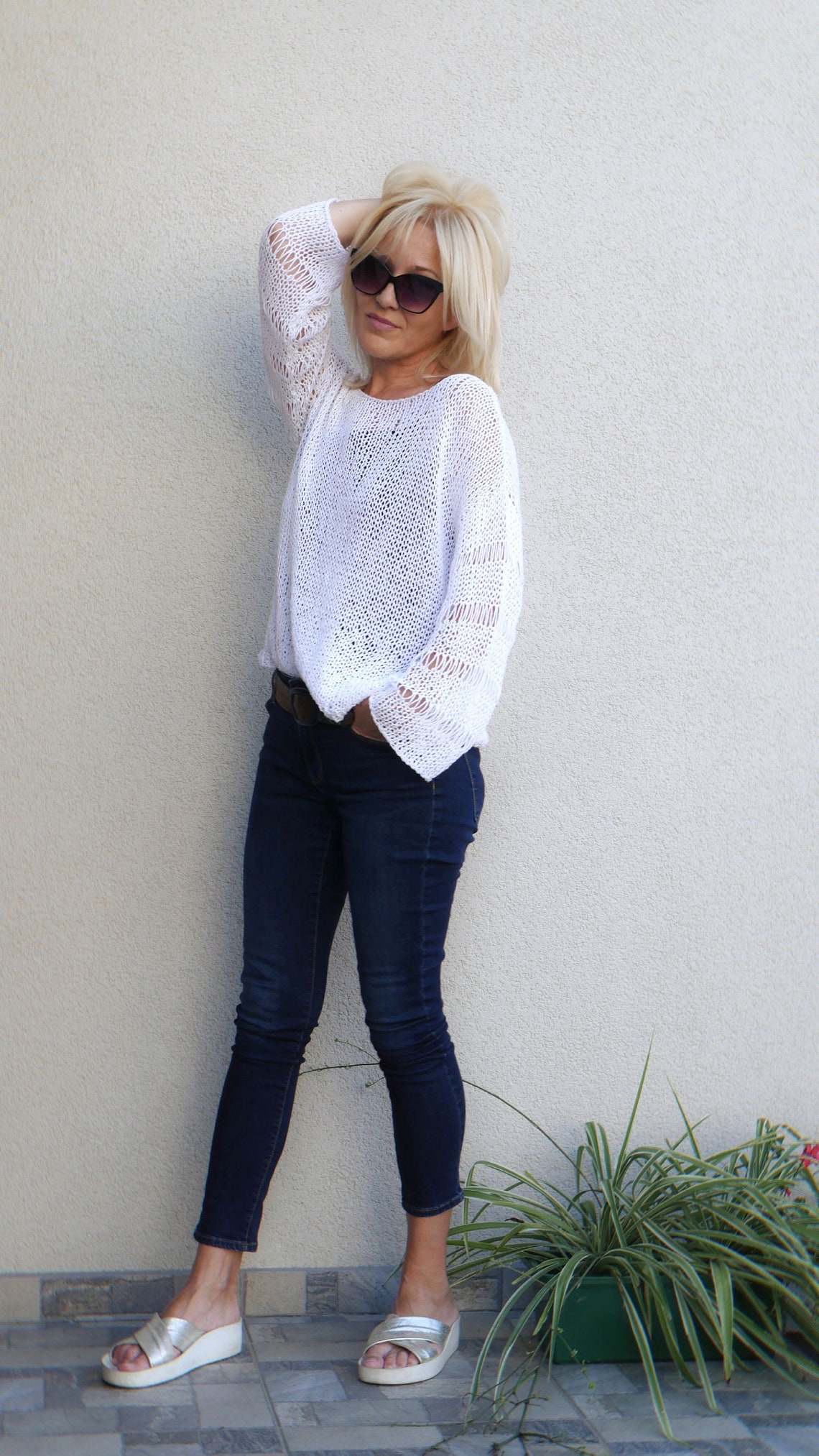 White Cotton Knit Sweater off Shoulder Top Summer Cotton Etsy