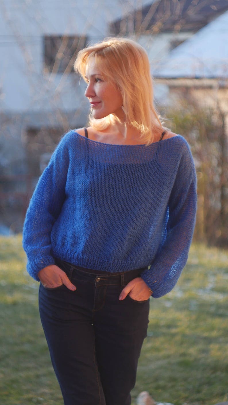 Blue Cropped Sweater Loose Knit Angora Sweater Boho Fashion Cropped sweater Spring sky blue sweater Electric blue