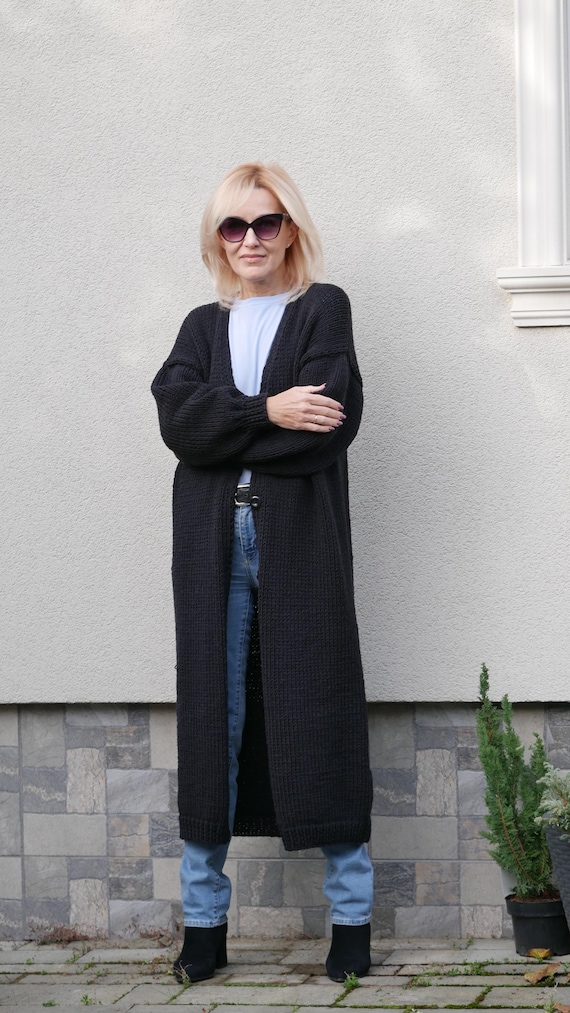 Hand Knit Merino Wool Cardigan: Black Oversized Long Coat