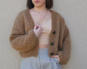 Cropped Camel Fluffy Mohair Cardigan, Cardigan With Buttons, Wedding Open Front Cardigan, Loose Knit Fuzzy Sweater, Sweaters for women