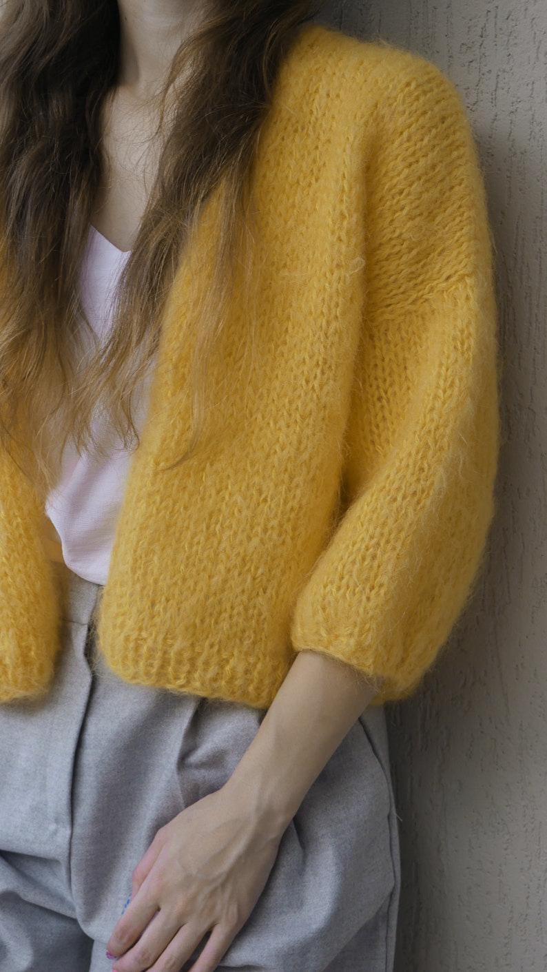 Hand Knit Mohair Cropped Cardigan - Yellow Bomber With 3/4 Sleeves