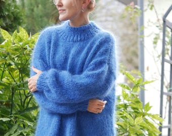 Hand Knit Mohair Sweater: Fluffy High Neck Pullover