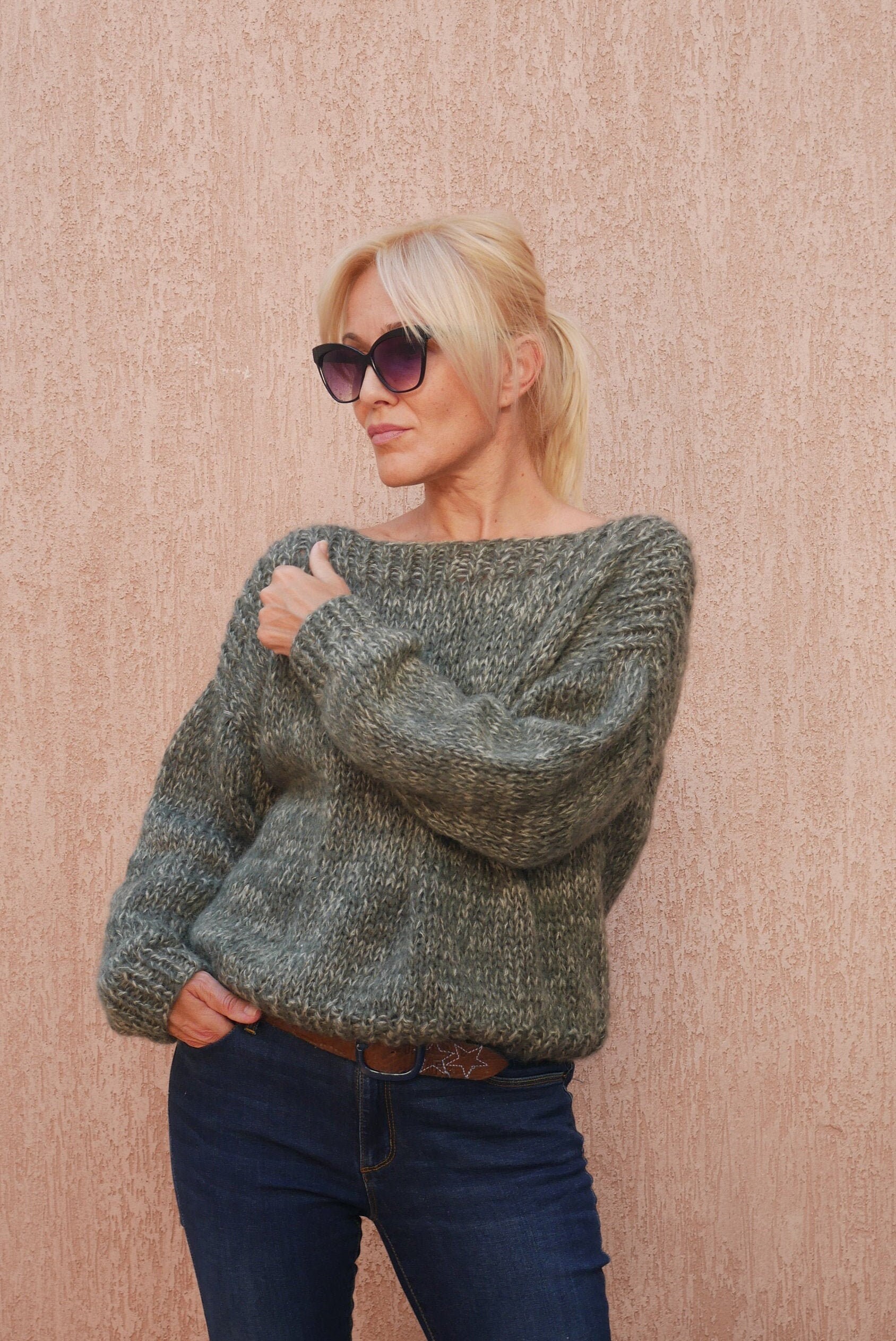 Hand Knit Woman Sweater OVERSIZED Mohair Cropped Sweater Top
