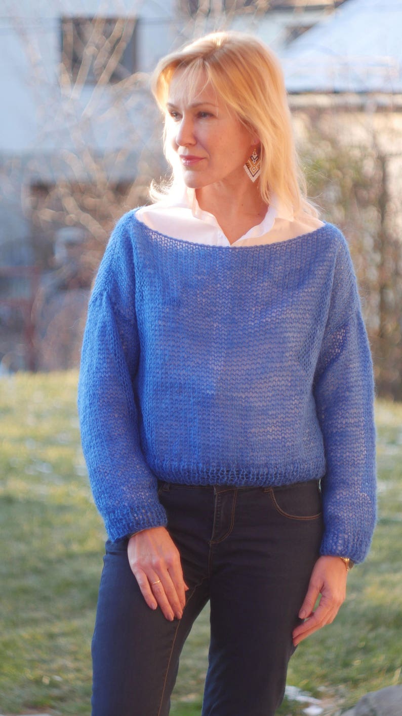 Blue Cropped Sweater Loose Knit Angora Sweater Boho Fashion Cropped sweater Spring sky blue sweater Electric blue