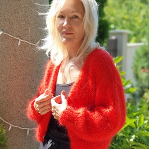 Red Fluffy Mohair Bomber Cardigan, Open Front Cardigan, Loose Knit Sweater, Sweaters for women, Cape for women, Oversized Cardigan