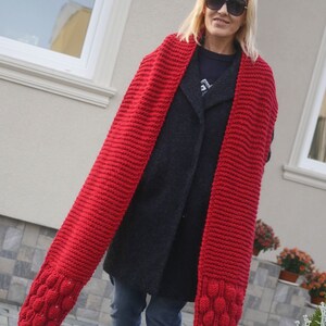 Oversized scarf Luxurious extra long hand knitted scarf Shoulder wrap Neck warmer puff pom pom scarf Red Extra long scarf Christmas gift image 2