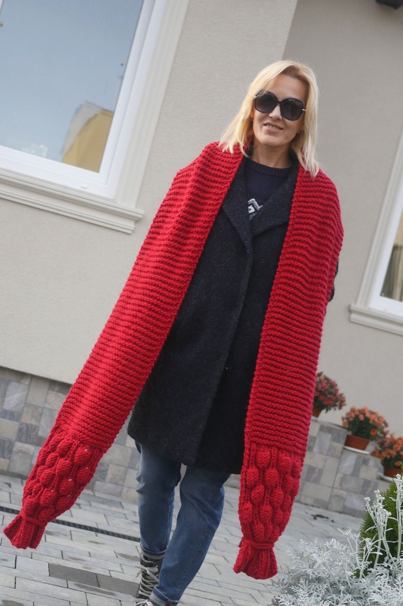 Oversized scarf Luxurious extra long hand knitted scarf Shoulder wrap Neck warmer puff pom pom scarf Red Extra long scarf Christmas gift image 2