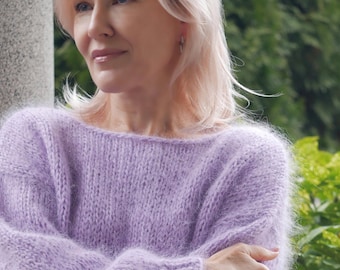 Handknit Fluffy Mohair Sweater: Loose Fit Lavender Pullover