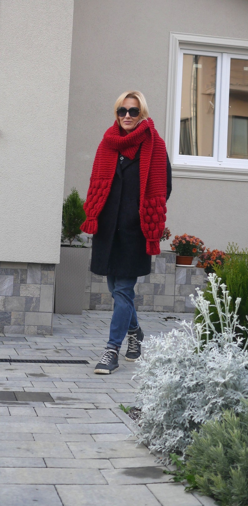 Oversized scarf Luxurious extra long hand knitted scarf Shoulder wrap Neck warmer puff pom pom scarf Red Extra long scarf Christmas gift image 1