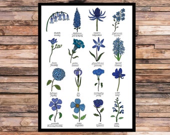 Impression de fleurs bleues - carte d'identification - symbolisme - carte d'art mural - impression d'art de fleurs florales - sans cadre