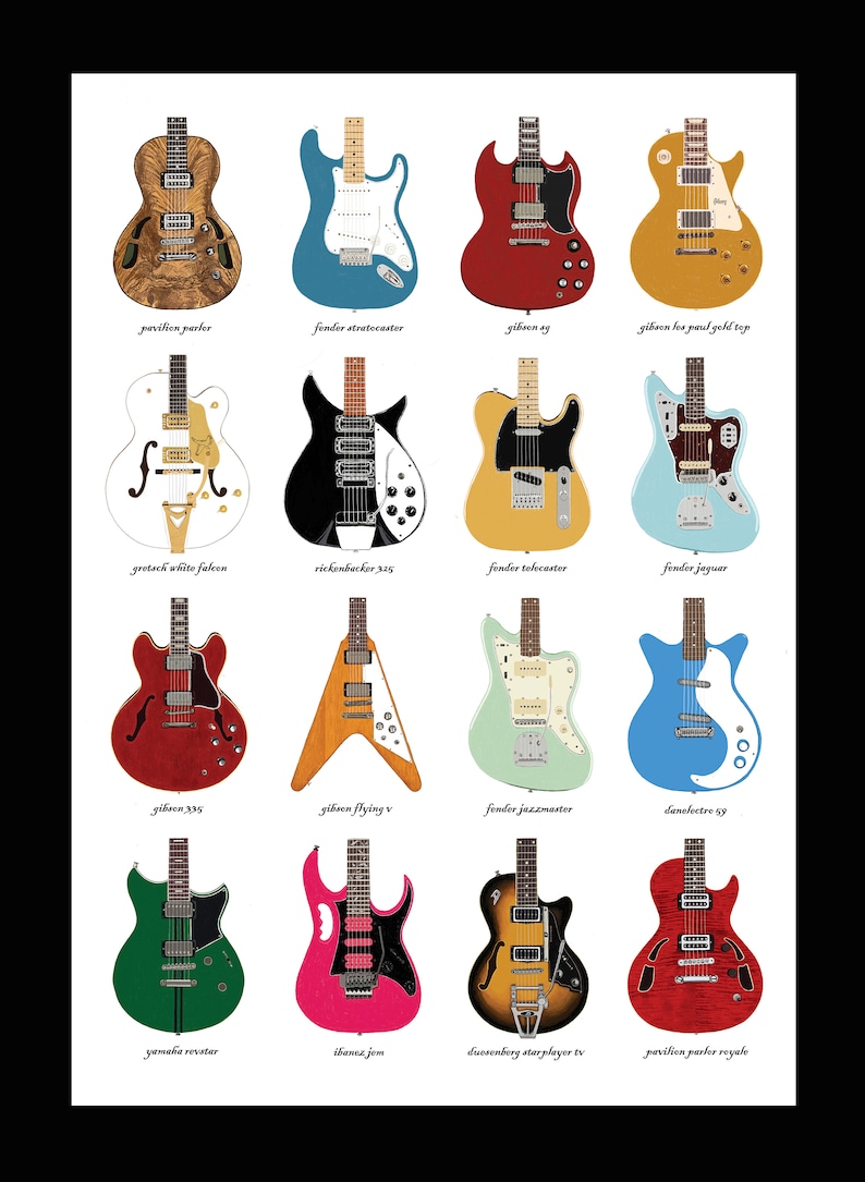 Electric Guitar Identification Wall Chart Art Print A2 Limited Edition