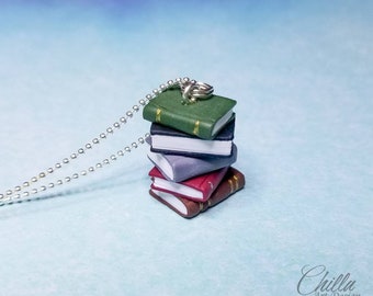 Vintage book stack polymer clay hand sculpted miniature necklace bookworm reading addict librarian gift Christmas stocking stuffer